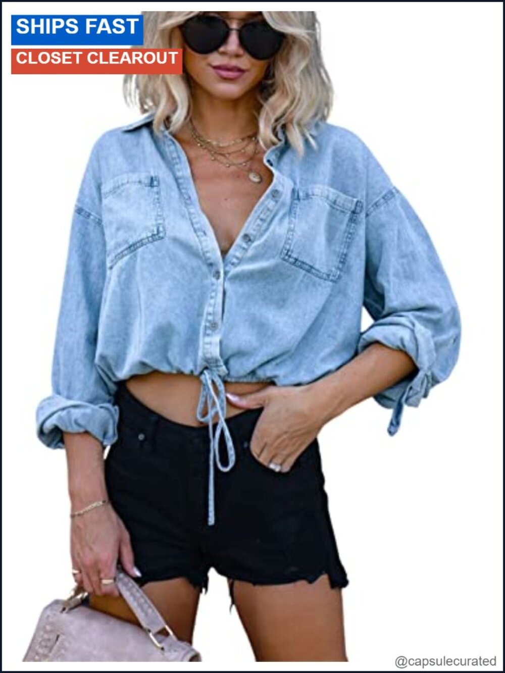 Women's Oversized Cropped Denim Shirt Button Down Jean Top Cotton
